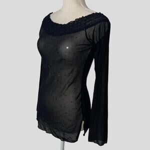 Y2K Black Sheer Long Sleeve Off Shoulder Sequins Medium Top